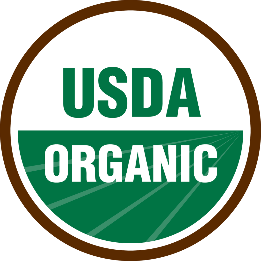 the USDA certified organic seal, a circle with the words "USDA and organic" in white and green